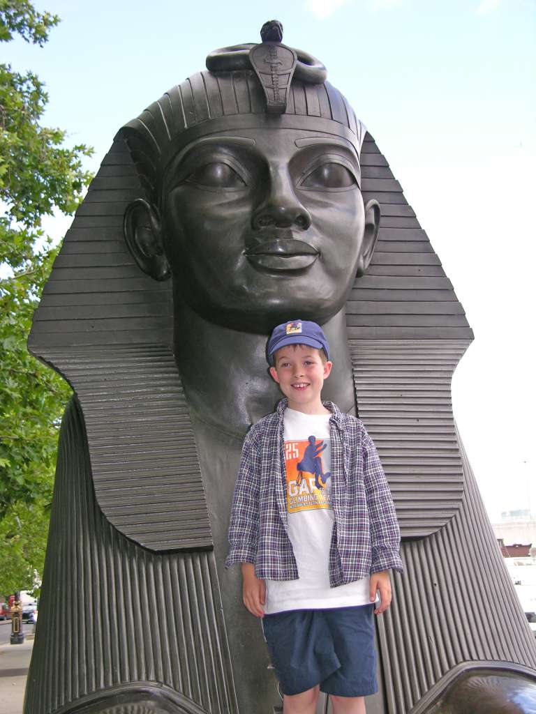 London 01 06 Thames Sphinx We walked along the Embankment, a wide footpath which follows the Thames from the Houses of Parliament to Tower Bridge, and saw this recent casting of a sphinx.